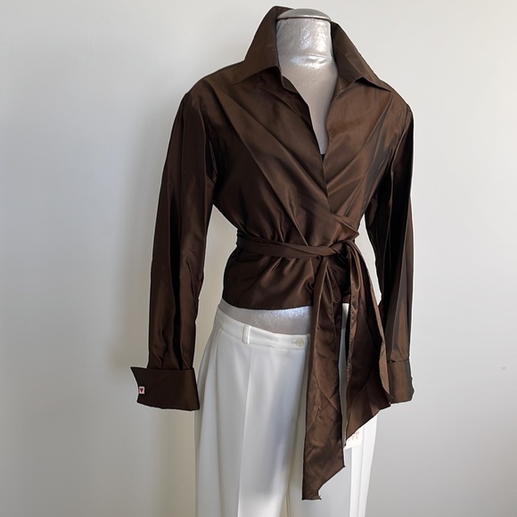 Chetta B Tops - Chetta B Brown silk taffeta wrap shirt with red heart cuff links by Walton